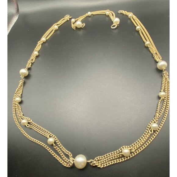 Retro Signed Emmons  Necklace Multi Chain Gold Tone Faux Pearl 30"+7" Extender - Picture 2 of 5